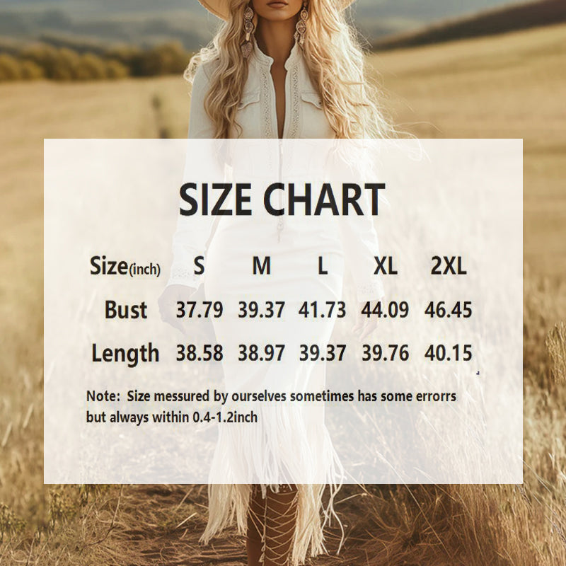 Women's Solid Color Elegant Western Retro Long Sleeve Fringe Dress, Lapel Collar Maxi Dress With Zipper Closure