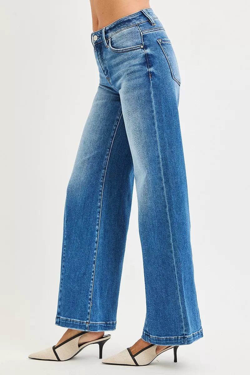 RISEN Full Size Mid Rise Wide Leg Jeans with Flared Look Plus Size
