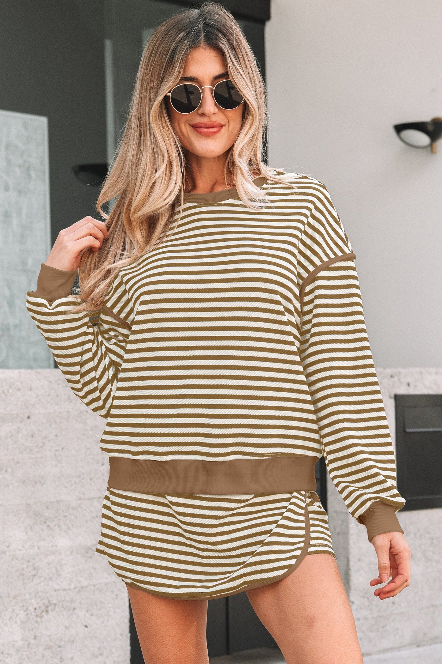 Black Stripe Textured Drop Shoulder Pullover Top Drawstring Mini Skirt Two Piece Dress Set