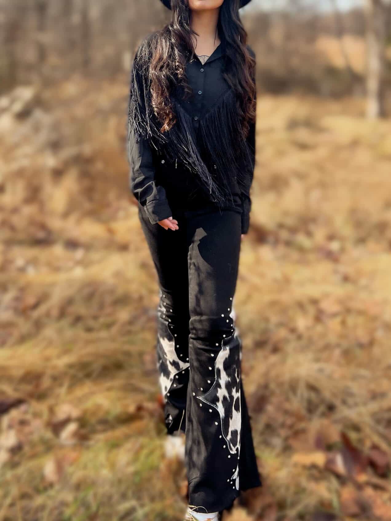 GJG Denim Wild West Studded Cowhide Bell Bottoms