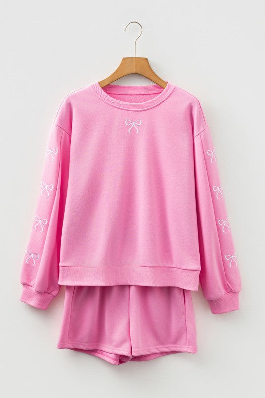 Bow Embroidered Pullover and Shorts Set