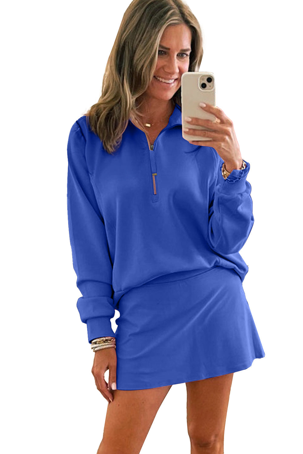 Pink Half Zip Sporty Pullover Mini Skirt 2pcs Outfit