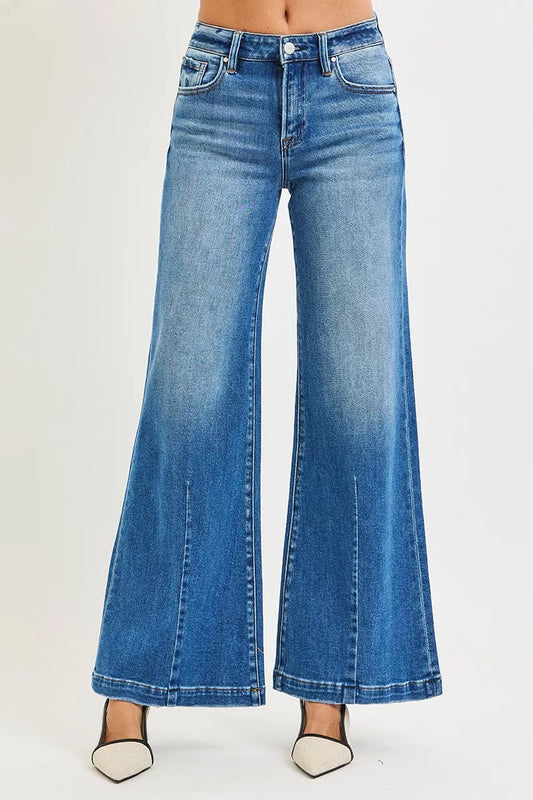 RISEN Full Size Mid Rise Wide Leg Jeans with Flared Look Plus Size