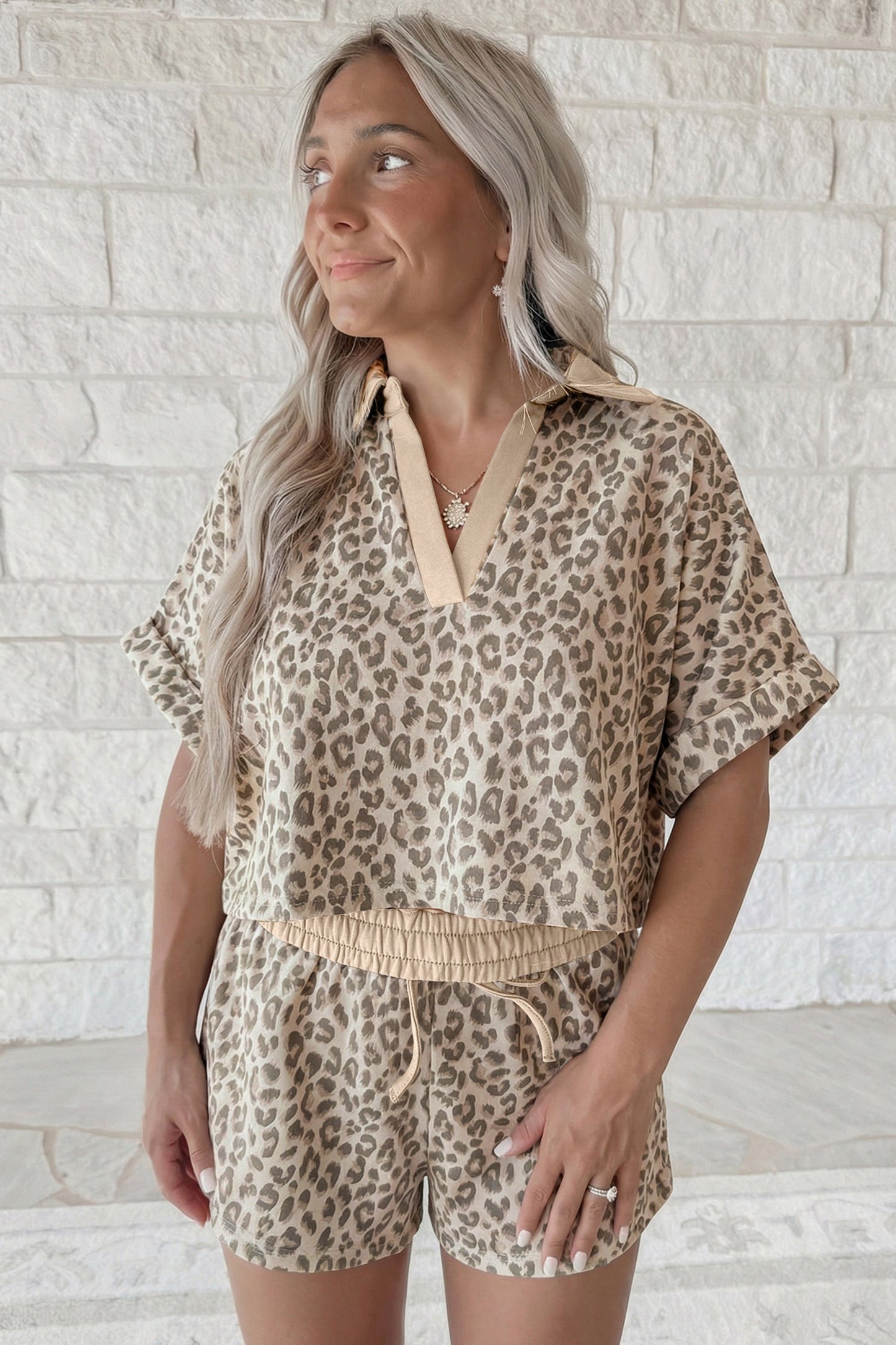 Brown V Neck Collar Leopard Printed 2pcs Short Set