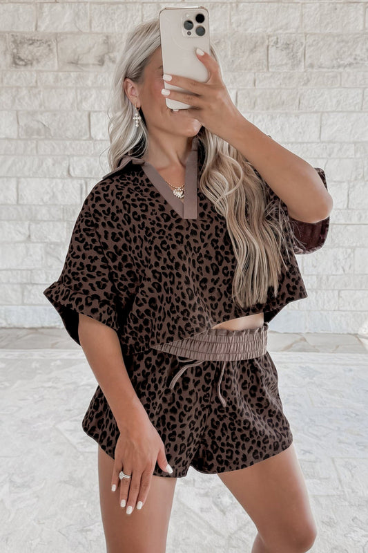 Brown V Neck Collar Leopard Printed 2pcs Short Set